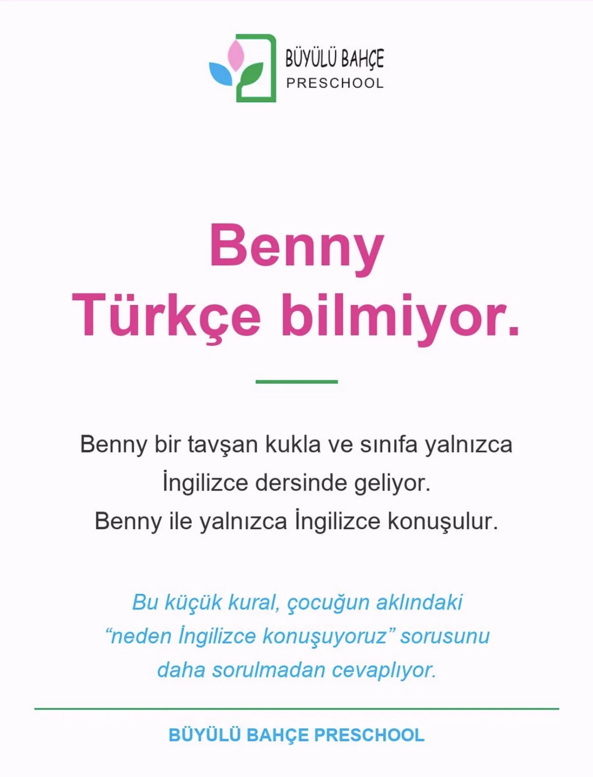 Card about Benny: Benny is a rabbit puppet who speaks only English and visits the class for English lessons