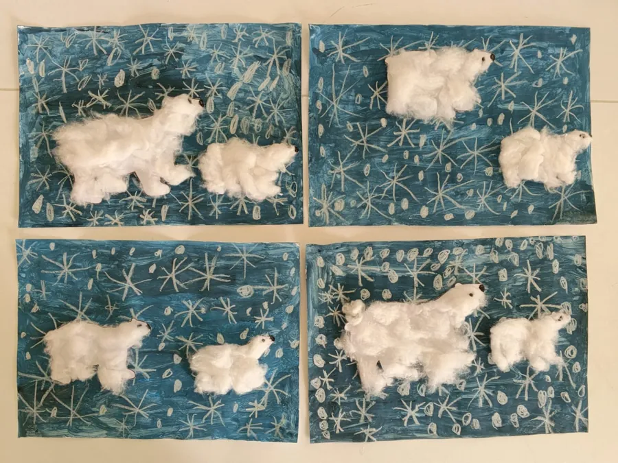 Polar bear pictures made with cotton wool