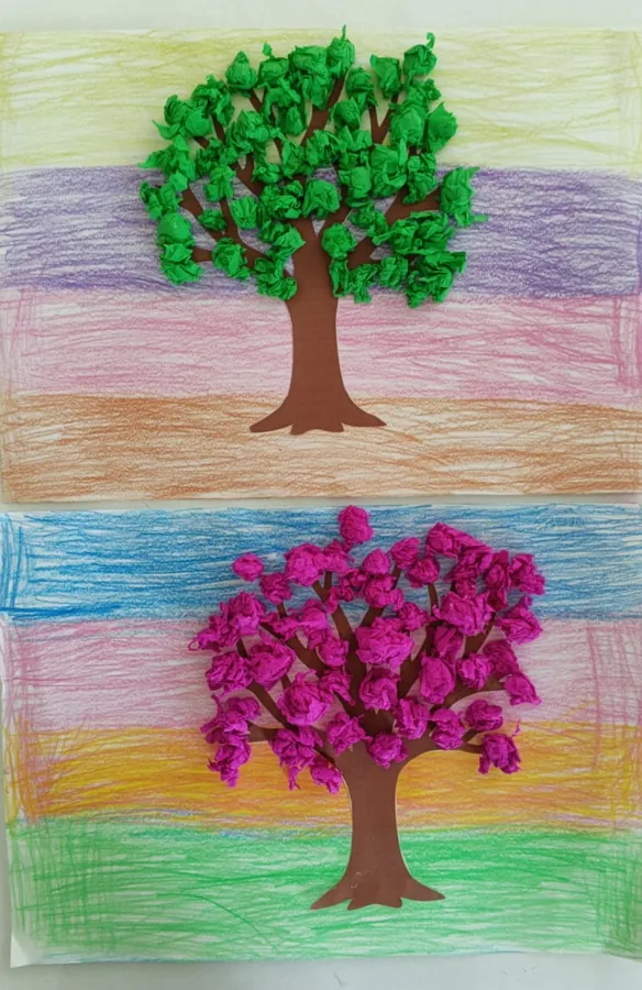 Tree pictures made with crepe paper