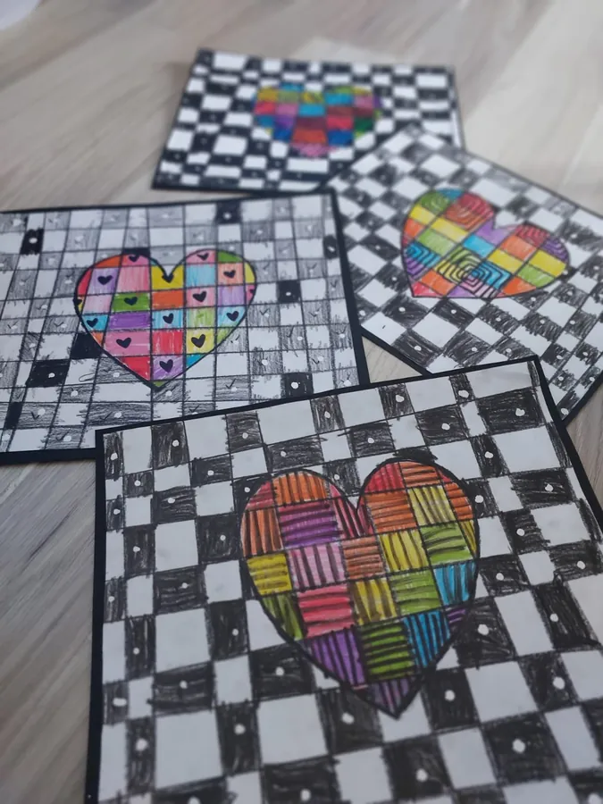 Colourful heart artwork on a chequered background
