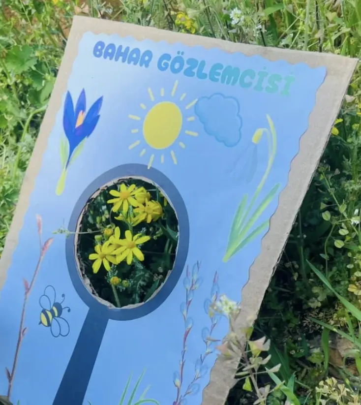 Spring Observer card: garden flowers through a magnifying-glass window