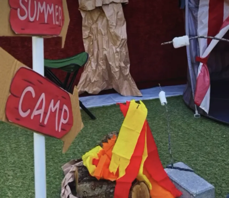 Camp corner: Summer Camp sign and a paper campfire