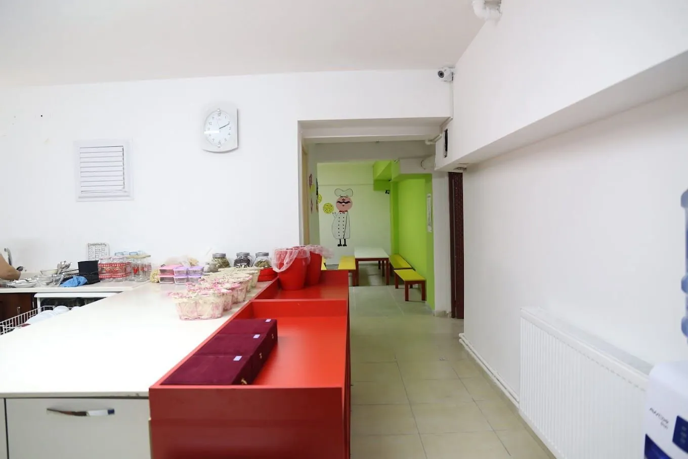 The kitchen counter and corridor